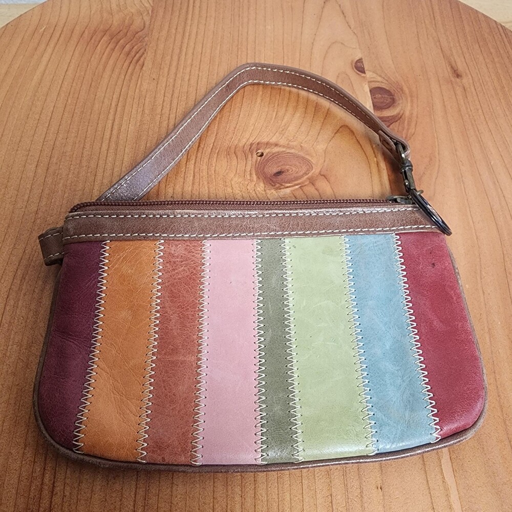 Fossil Clutch Bag Womens Mini Multicolor Stripe Leather Wristlet Purse Zip